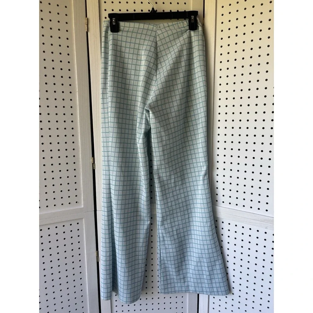 Unbranded 70's Style Polyester Pants Checkered Blue White Granny Flare Leg XS/SM